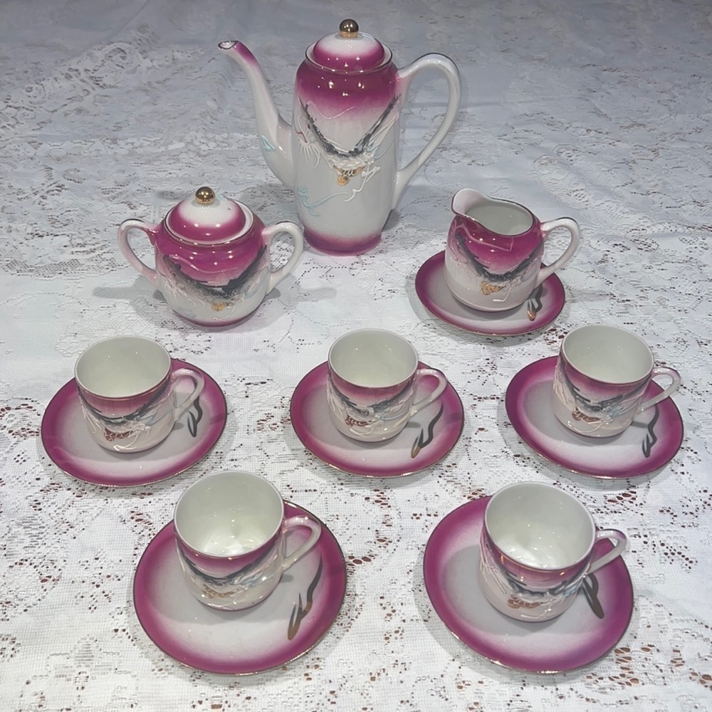 14 Piece Set Pink Black White Handpainted Moriage Dragonware Tea Espresso Set